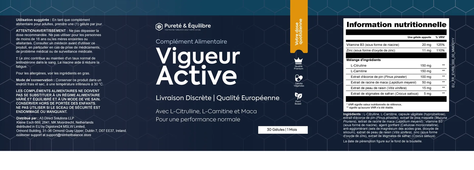 Vigueur Active label with full supplement facts panel